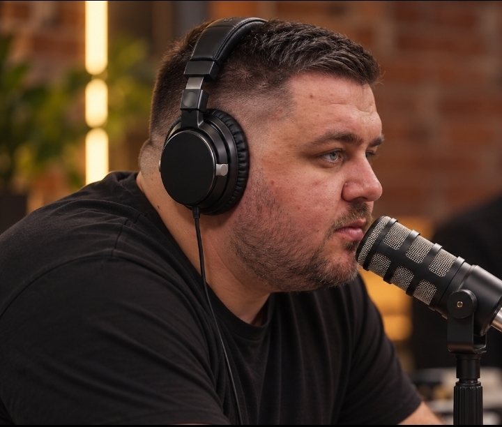 Stiven Janaqi wearing headphones, listening at a microphone